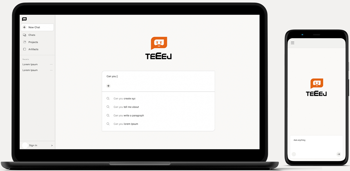 Teeej on desktop and mobile devices